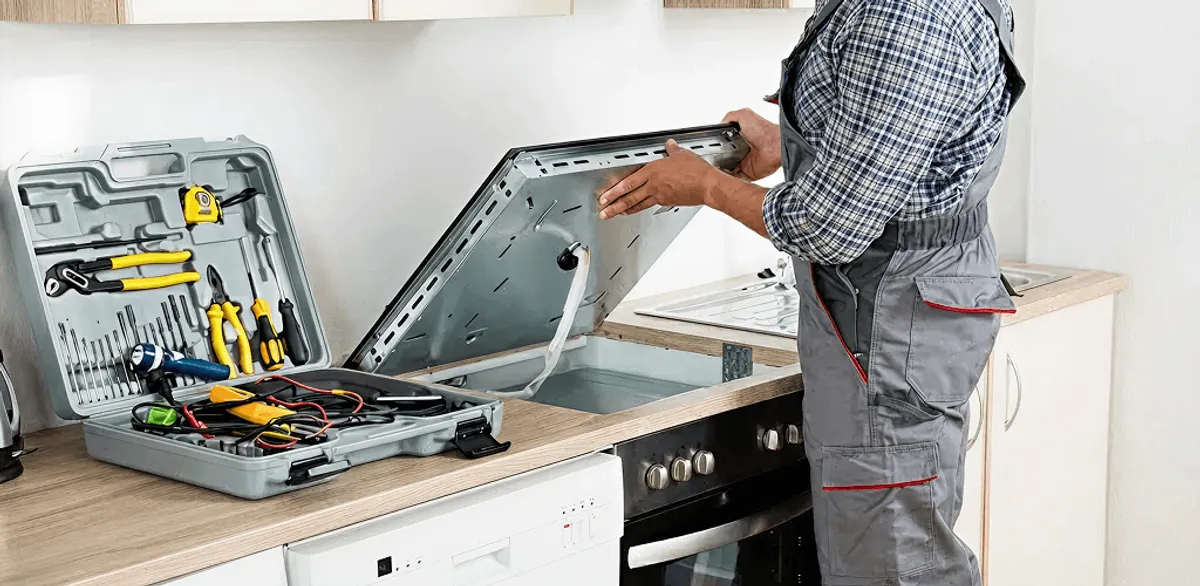Handyman repairing a cooktop and checking wiring connections in Lakewood, CO