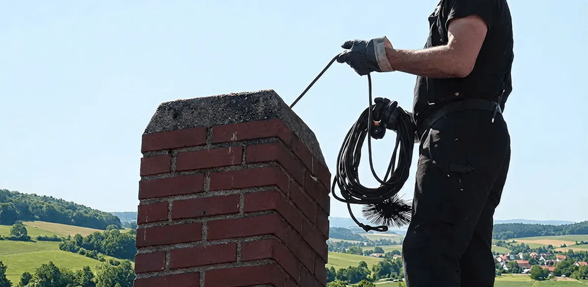 Chimney sweep inspecting and cleaning a rooftop chimney in Lakewood, CO